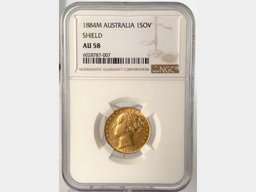 1884 VICTORIA YOUNG HEAD MELBOURNE MINT SHIELD GOLD SOVEREIGN AU58