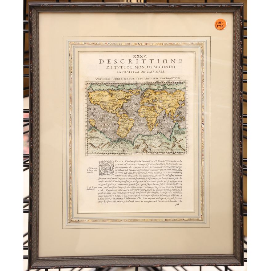 Claudio da Tolomeo 16th Cent. World Map Engraving Framed 18''x14''