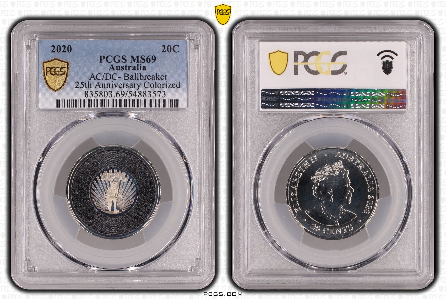 AC/DC- Ballbreaker 25th Anniversary Colorized, Twenty Cent, 2020, PCGS MS69