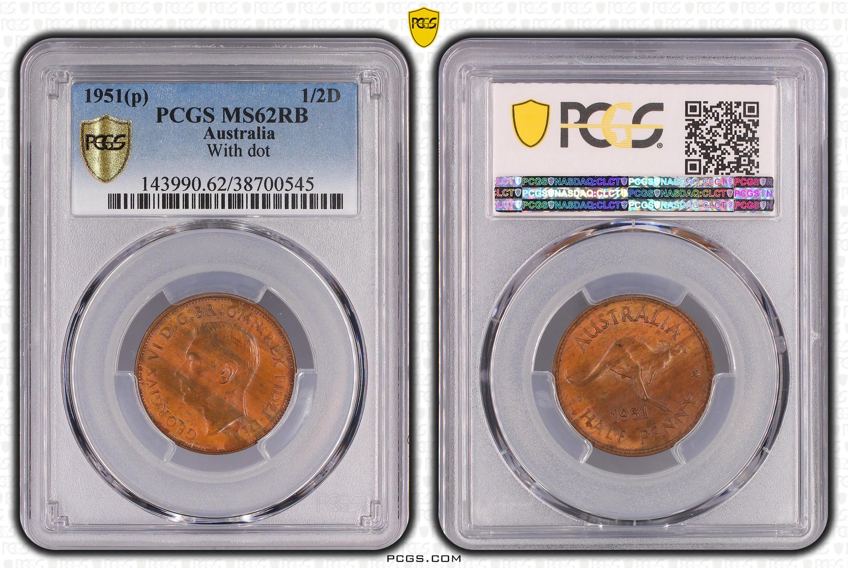 25 · With dot, Halfpenny, 1951(p), PCGS MS62RB