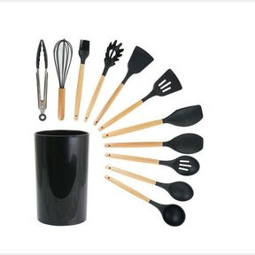 TMH Kitchen Utensils Set of 12 Silicone Non Stick Includes Holder Black |