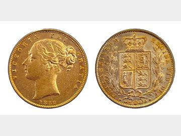 1852 VICTORIA YOUNG HEAD LONDON MINT SHIELD GOLD SOVEREIGN