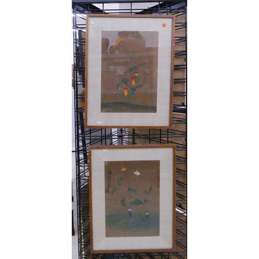 Pair Japanese Botanical Gouache Paintings Framed- 24x18'' each