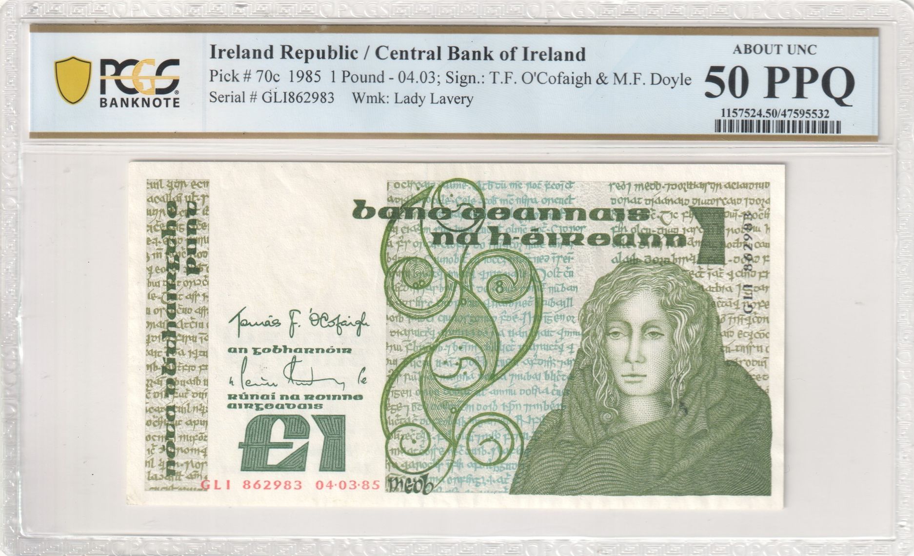 Ireland Republic, Central Bank of Ireland, 04.03; T.F. O'Cofaigh & M.F. Doyle, Wmk: Lady Lavery, One Pound, 1985, PCGS About UNC 50 PPQ
