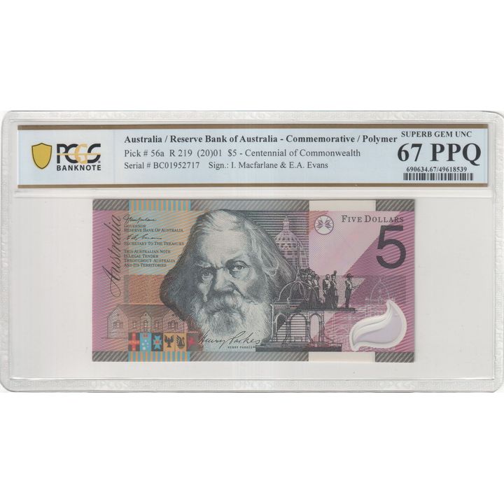 Macfarlane/Evans, Five Dollar, 2001, PCGS Superb Gem UNC 67 PPQ
