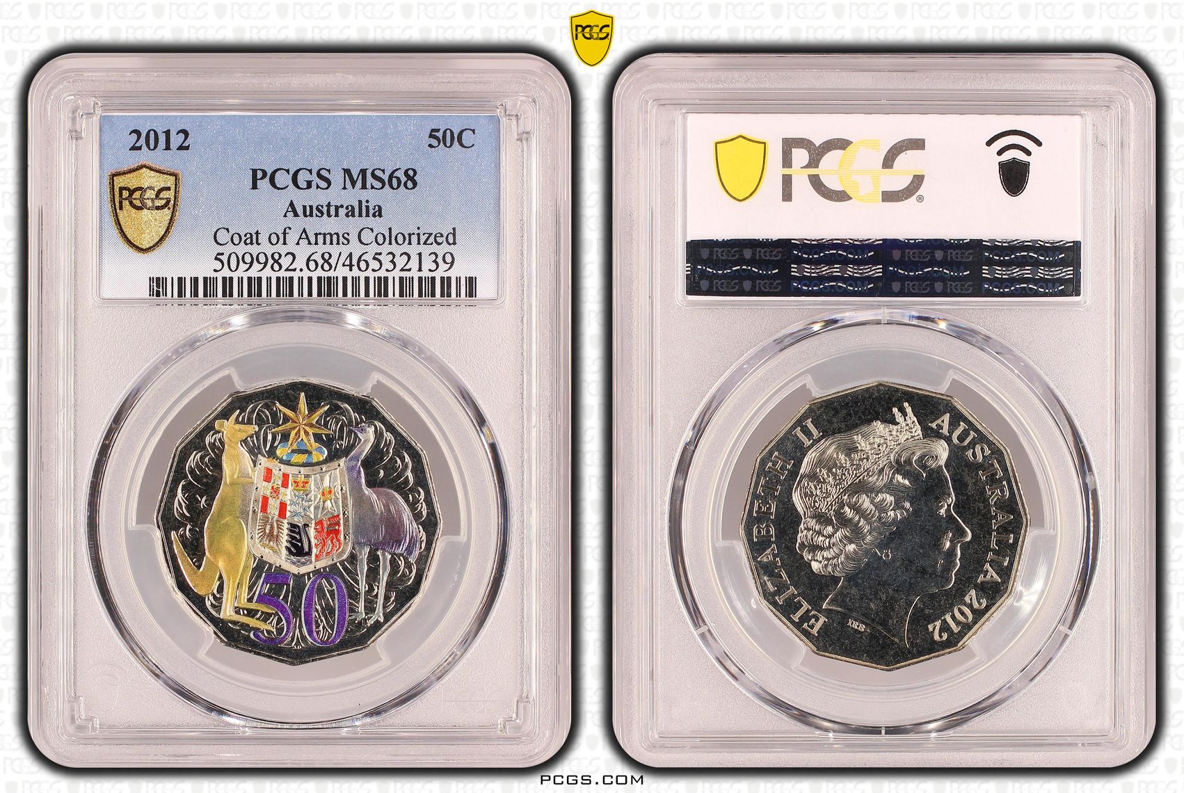 Elizabeth II, Coat of Arms Colorized, Fifty Cent, 2012, PCGS MS 68