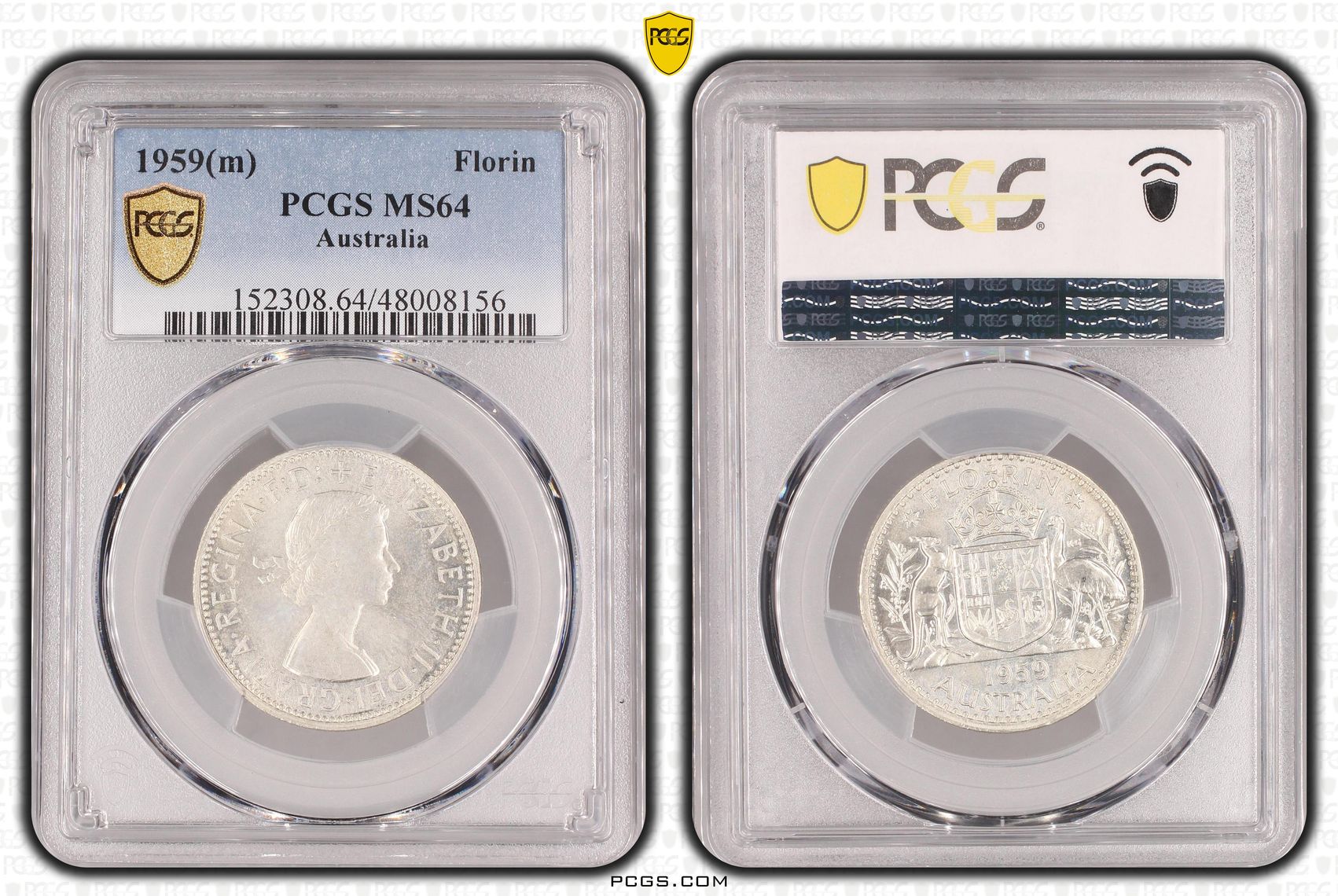 317 · Elizabeth II, KM-60 Silver, Florin, 1959(m), PCGS MS64