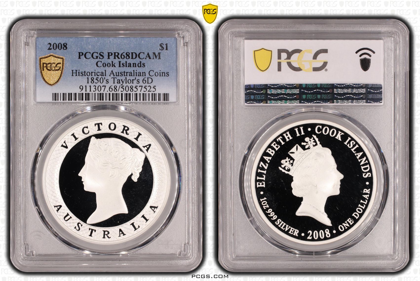Cook Islands, Historical Australian Coins 1850's Taylor's 6D, One Dollar, 2008, PCGS PR68DCAM