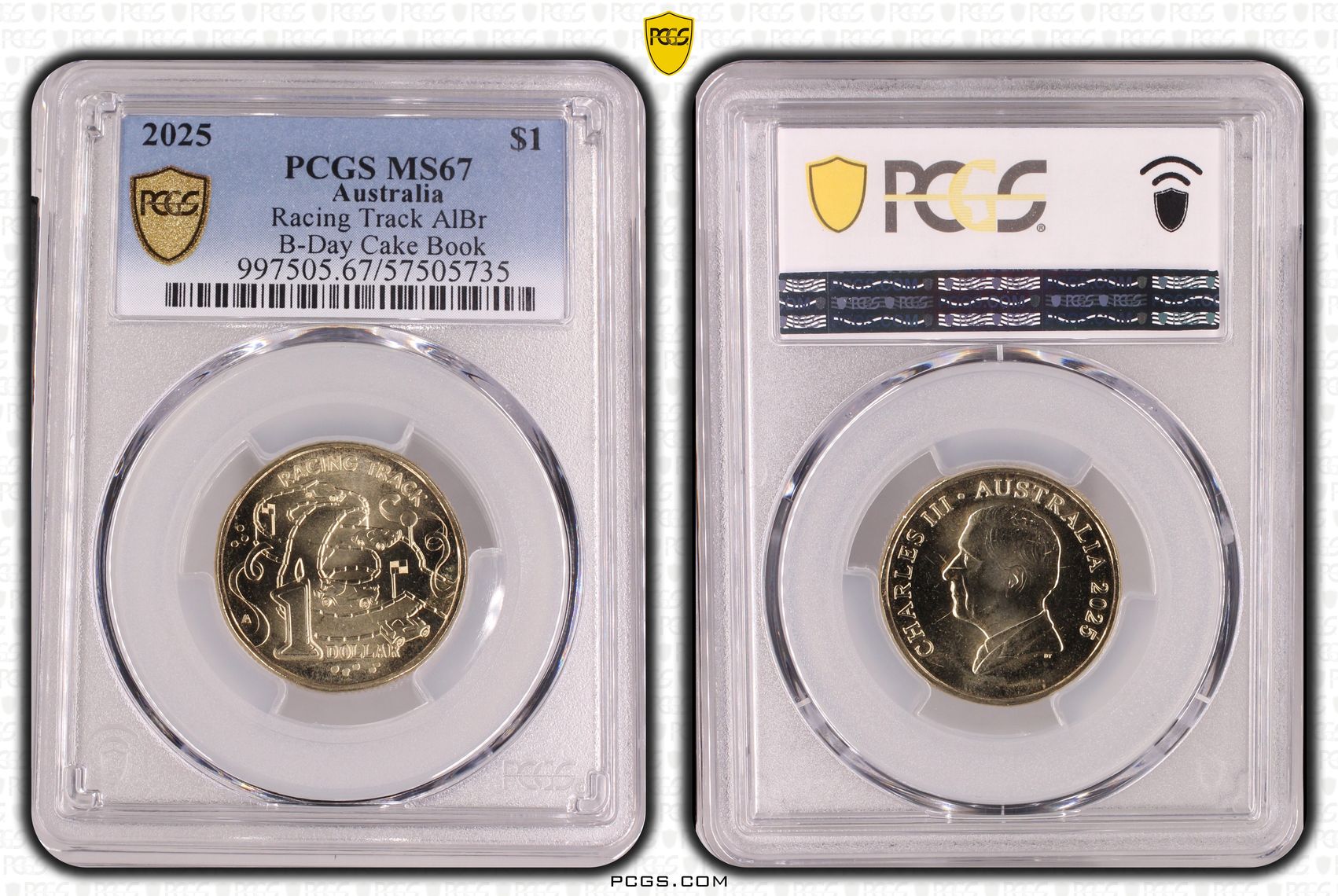 446 · Racing Track AlBr B-Day Cake Book, POP 4/0, One Dollar, 2025, PCGS MS67