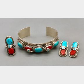 Effie C. Turquoise And Coral Bracelet, Ring, And Earring Set