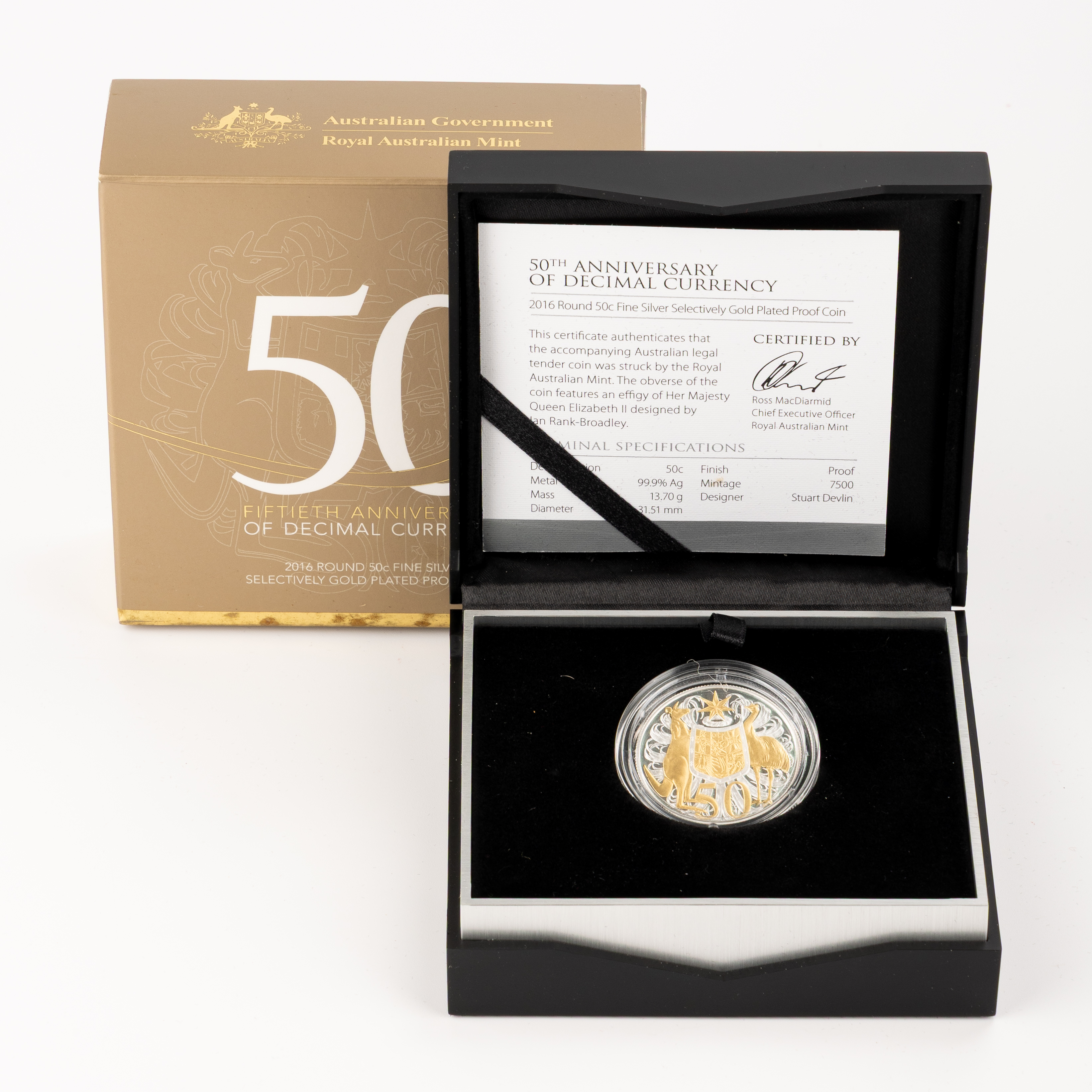Decimal 50th Anniv. Selectively Gold-Plated Round Silver 50c Proof, Fifty Cents, 2016