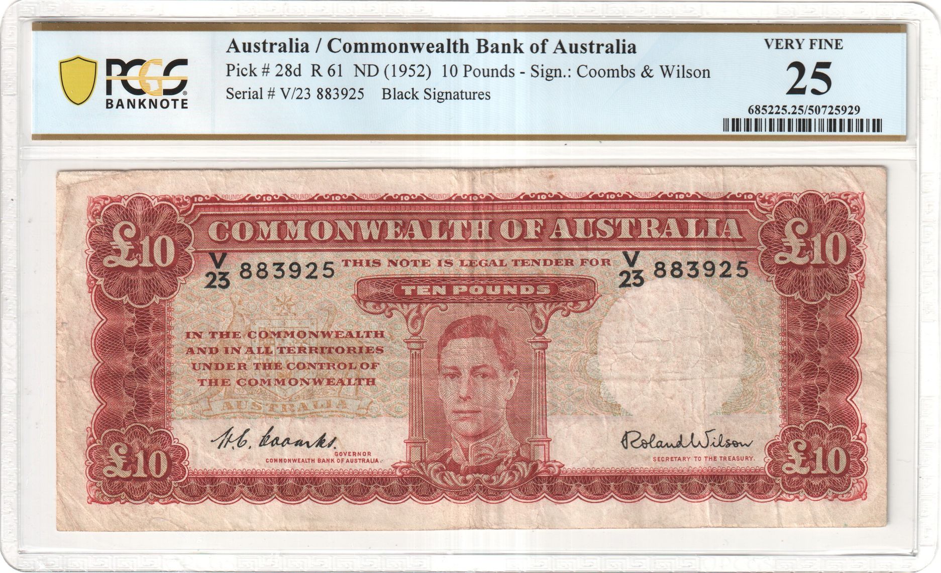 409 · Black Signatures, Ten Pounds, 1952, PCGS Very Fine 25