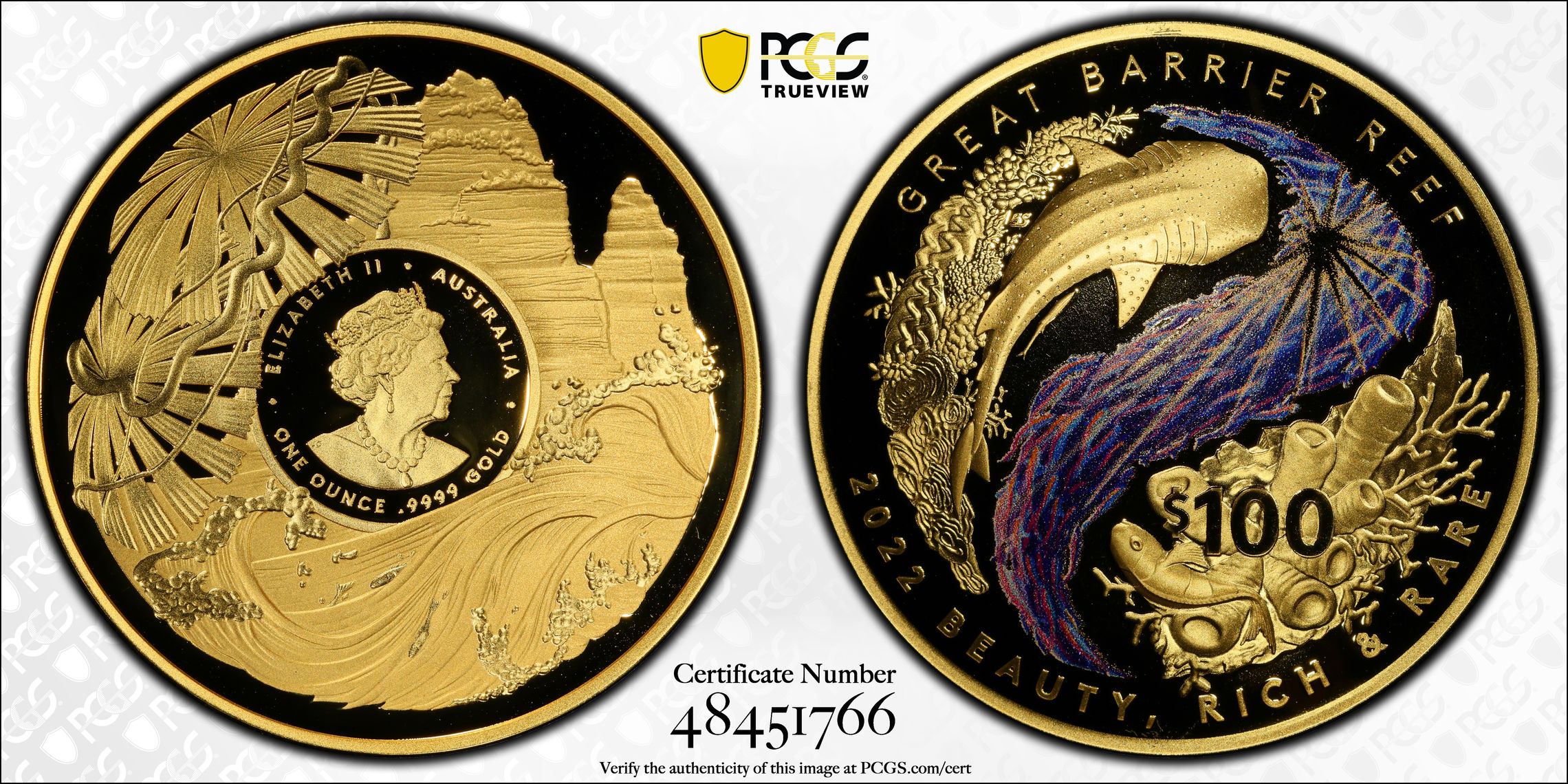 Elizabeth II, Great Barrier Reef 1oz Gold, POP 1/0, One Hundred Dollar, 2023, PCGS PR70DCAM
