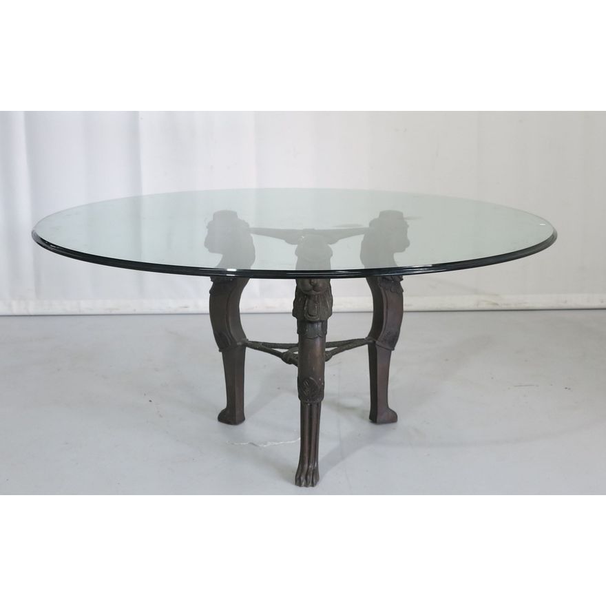 LARGE GLASS-TOP BRONZE FIGURAL BASE TABLE