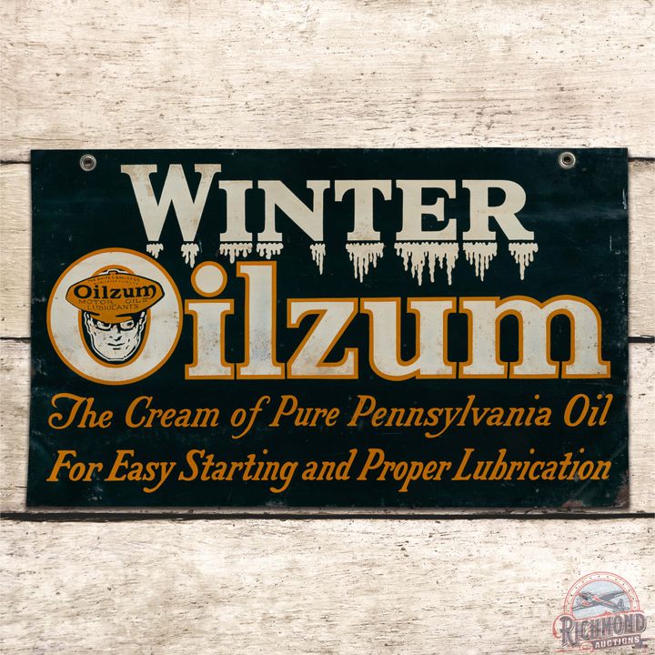 Winter Oilzum "The Cream of Pure Pennsylvania Oil" Double Sided Tin Sign