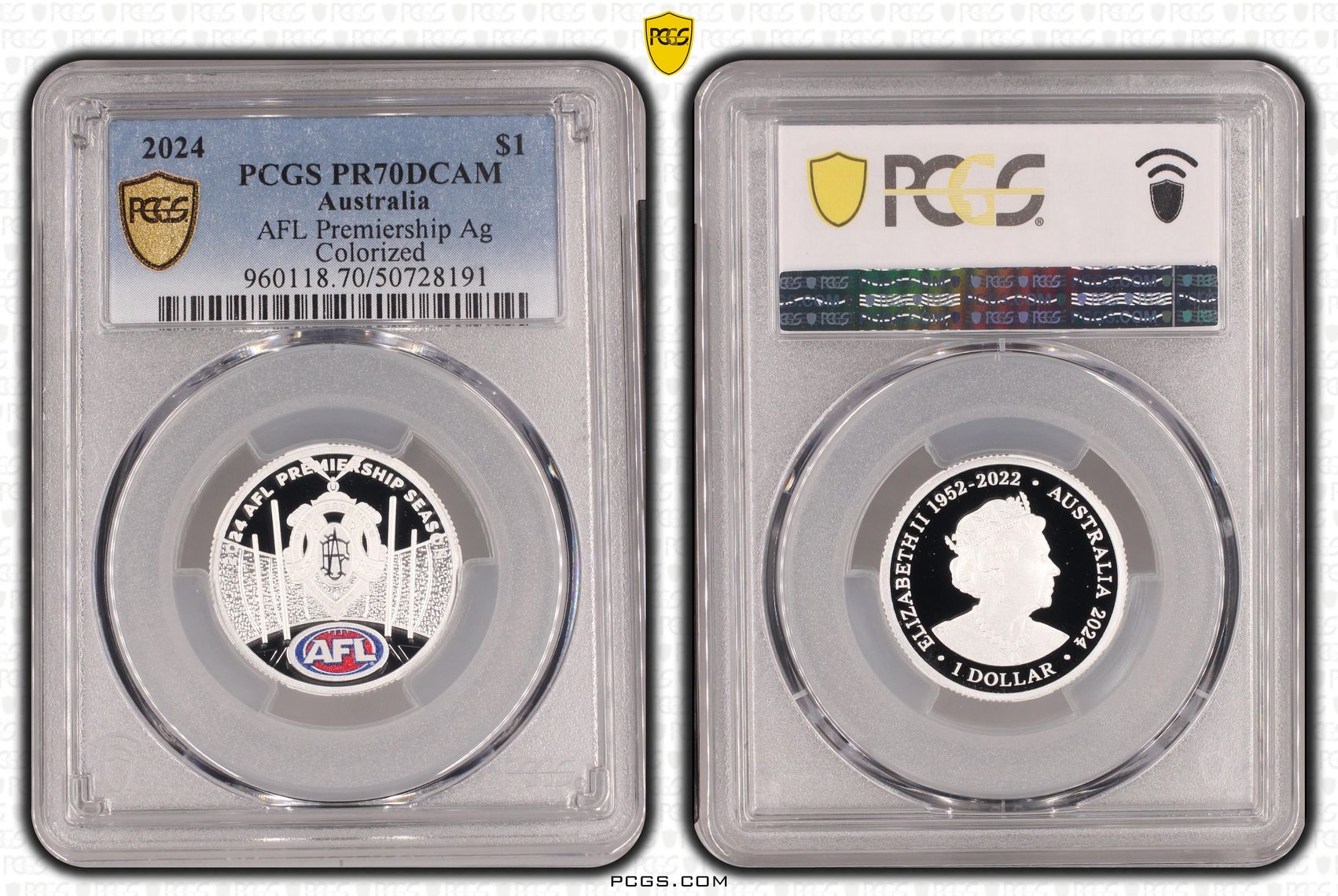 AFL Premiership Ag Colorized POP 4/0, One Dollar, 2024, PCGS PR70DCAM