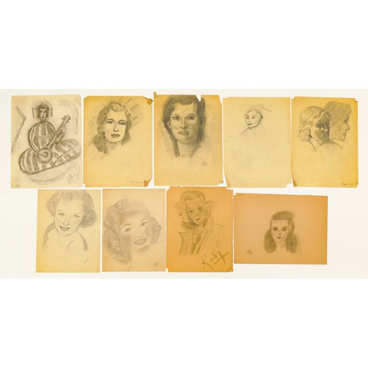 9pc Ruby Hammill Art Deco Portrait Sketches 12''x9''