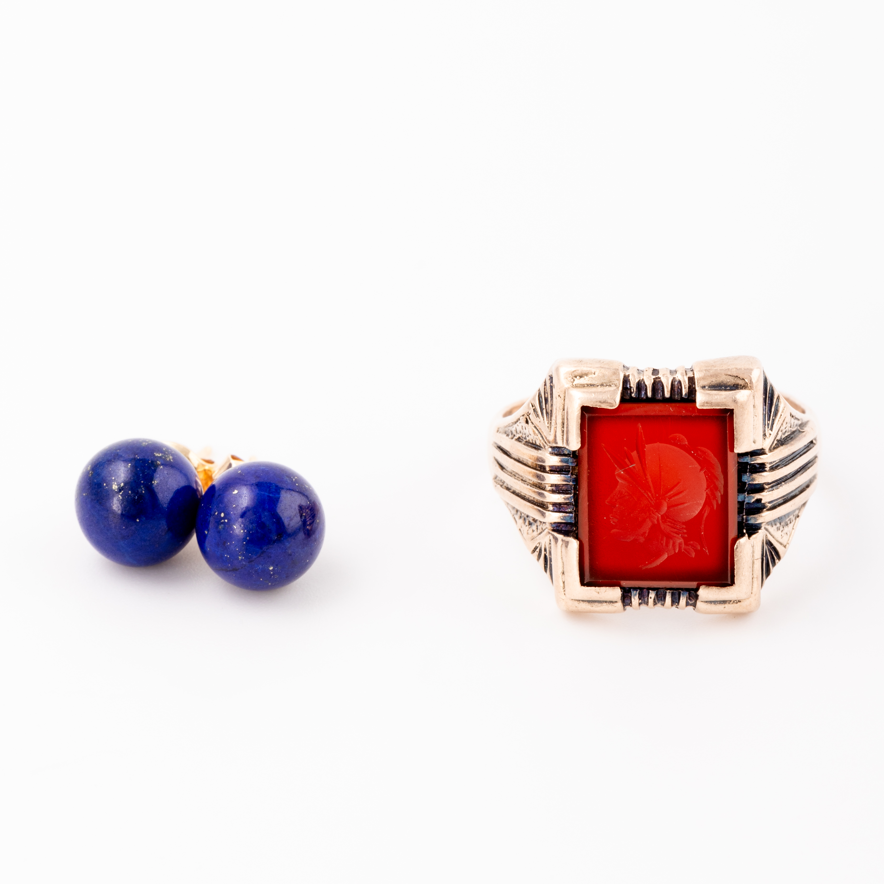 9ct Carnelian Ring & 14ct Lapis Lazuli all Studs
