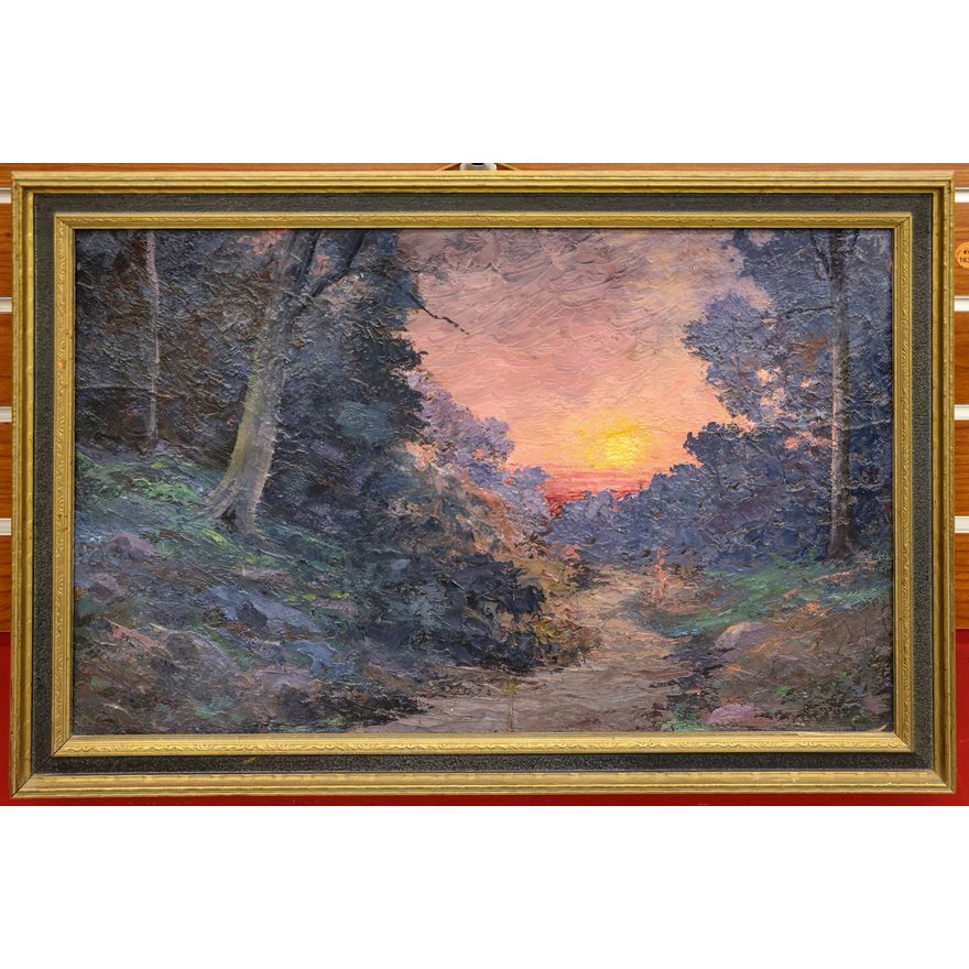 Lionel Salmon Attributed Sunset Oil Painting Framed 17''x24''