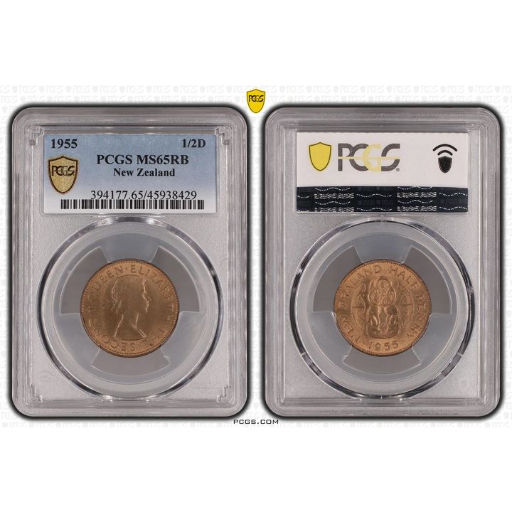 1955 New Zealand Half Penny PCGS - MS65RB POP 2/0 -429