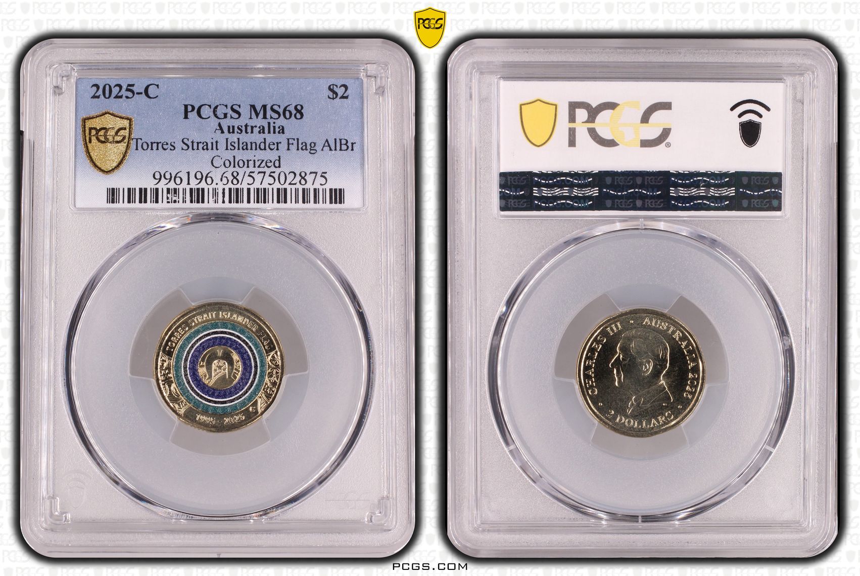 Torres Strait Islander Flag Colourised AlBr, Two Dollar, 2025-C, PCGS MS68