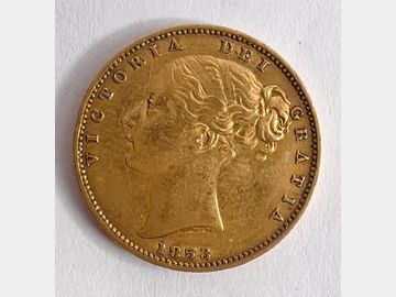 1853 VICTORIA YOUNG HEAD LONDON MINT SHIELD GOLD SOVEREIGN