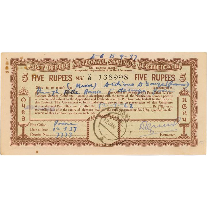 India, British, Postal Note, Five Rupees, 1957, gVF
