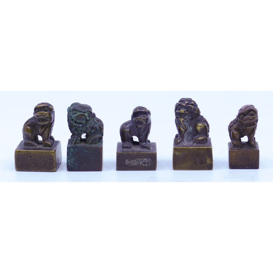 Box Old Chinese Miniature Bronze Foo Lion Seals 1''