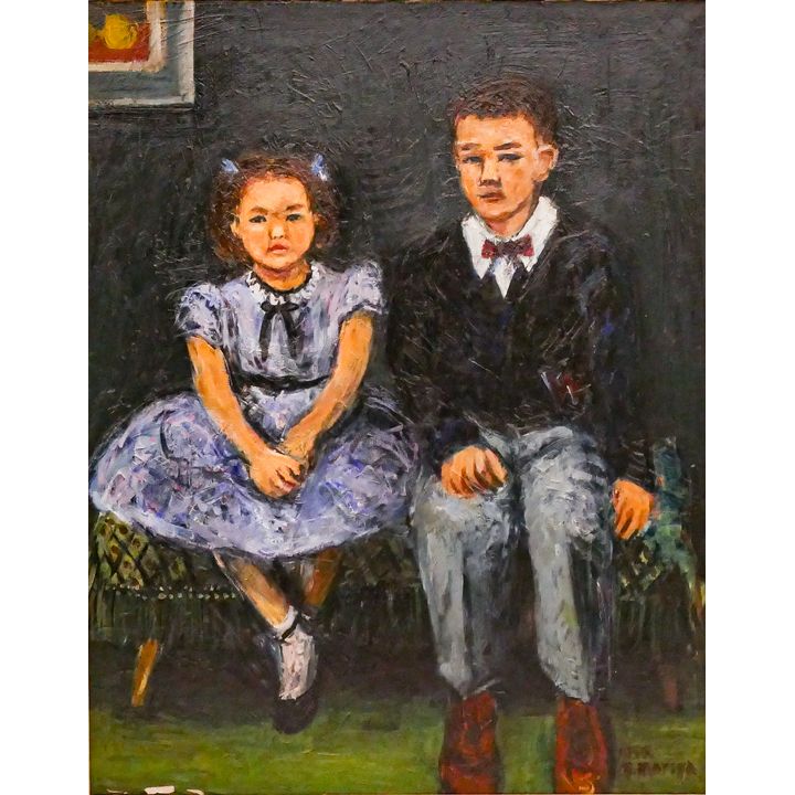 Masao Morita (20th Cent. Japanese) ''Two Children'' 1955 Oil on Canvas Framed 42''x34'' (NAK)