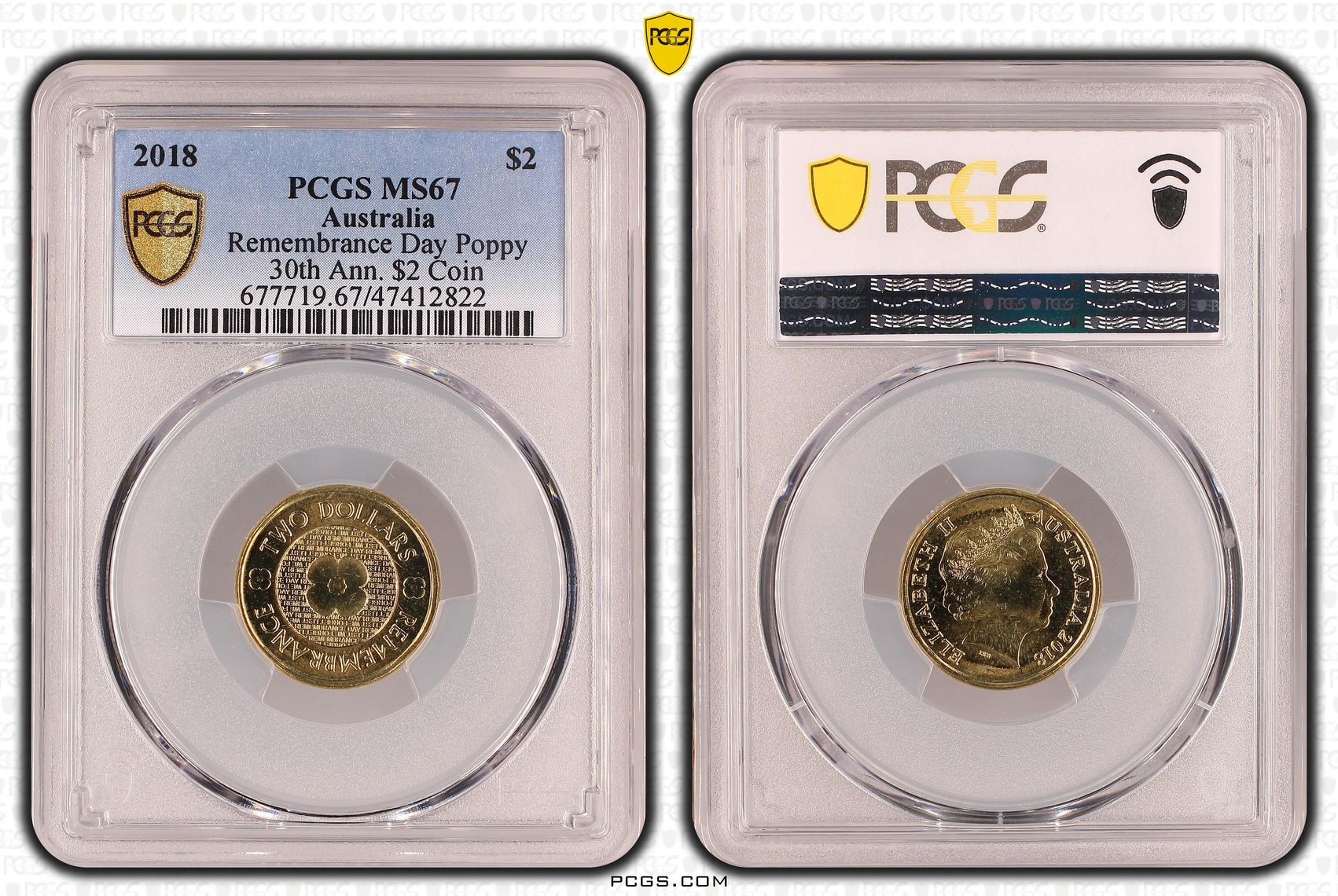 473 · Elizabeth II, Remembrance Day Poppy 30th Ann. $2 Coin , Two Dollar, 2018, PCGS MS67