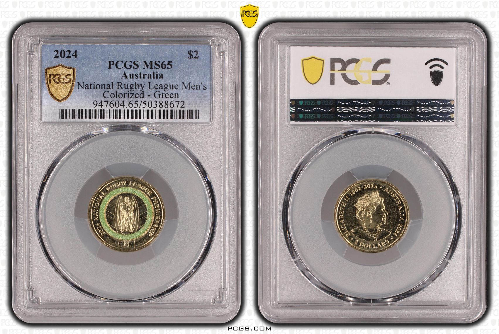 National Rugby League Men's Colorized - Green , Two Dollar, 2024, PCGS MS65