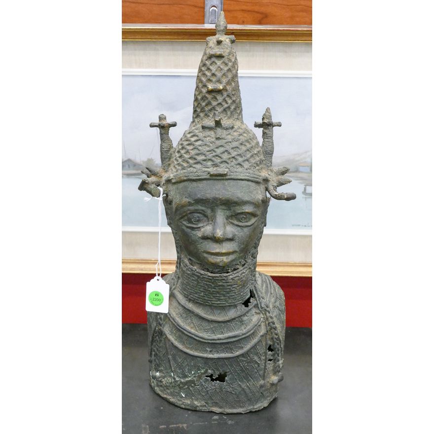 Old African Bronze Oba King Bust 18''