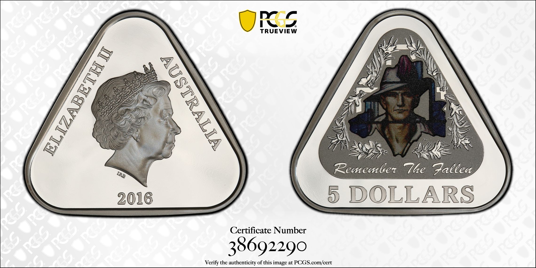 2016 Australia Five Dollar, $5 Silver Remember the Fallen PCGS - PR69DCAM POP 6/0 -290