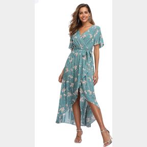 VINTAGECLOTHING WOMEN'S WRAP V NECK FLORAL SUMMER DRESSES HIGH LOW MAXI CASUAL SZ LG