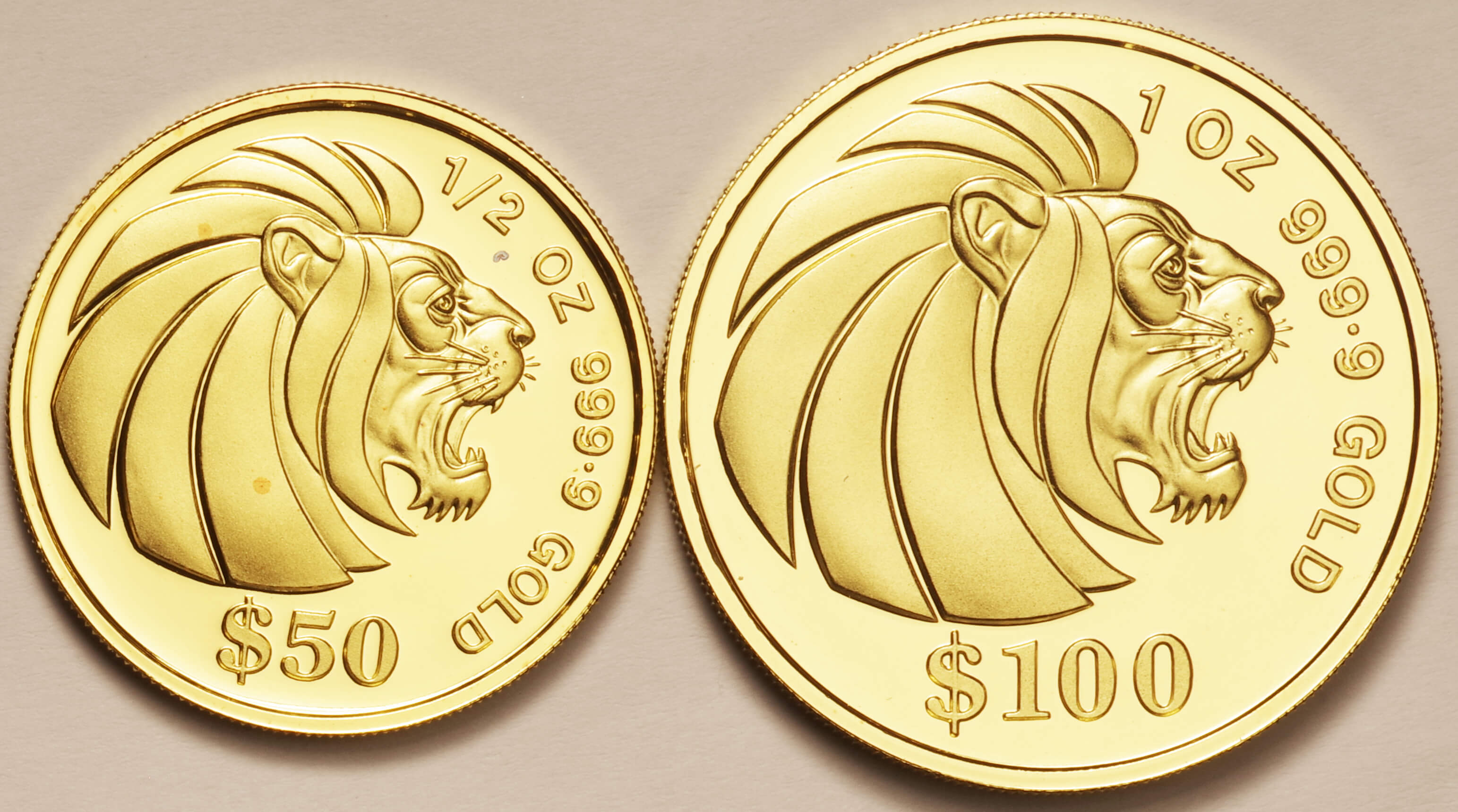シンガポール-Singapore. ライオン図 プルーフ金貨5種揃 1990年 