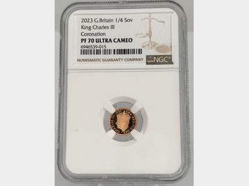 2023 CORONATION OF CHARLES III PROOF GOLD QUARTER SOVEREIGN PF70 UCAM