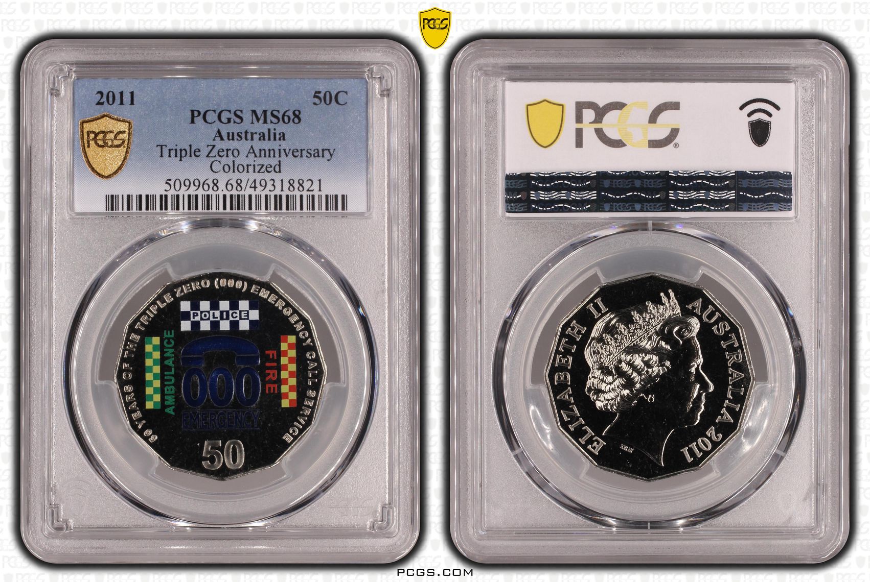 127 · Triple Zero Anniversary Colourised, Fifty Cent, 2011, PCGS MS68