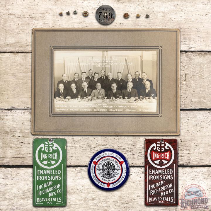 Amazing Ing-rich Porcelain Enamel Group w Door Pushes 10k Gold Employee Service Pins Badge & Photo