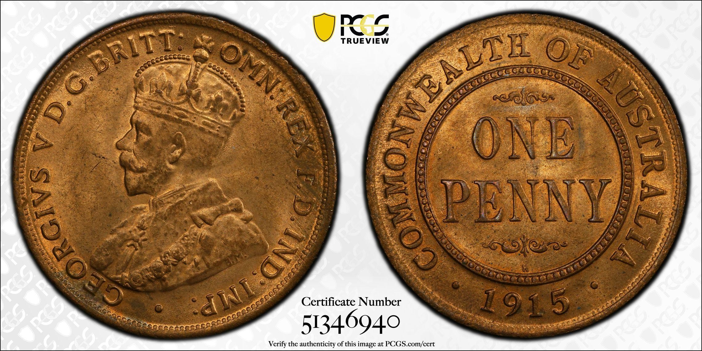George V, POP 1/1, Penny, 1915-H, PCGS MS 64RD