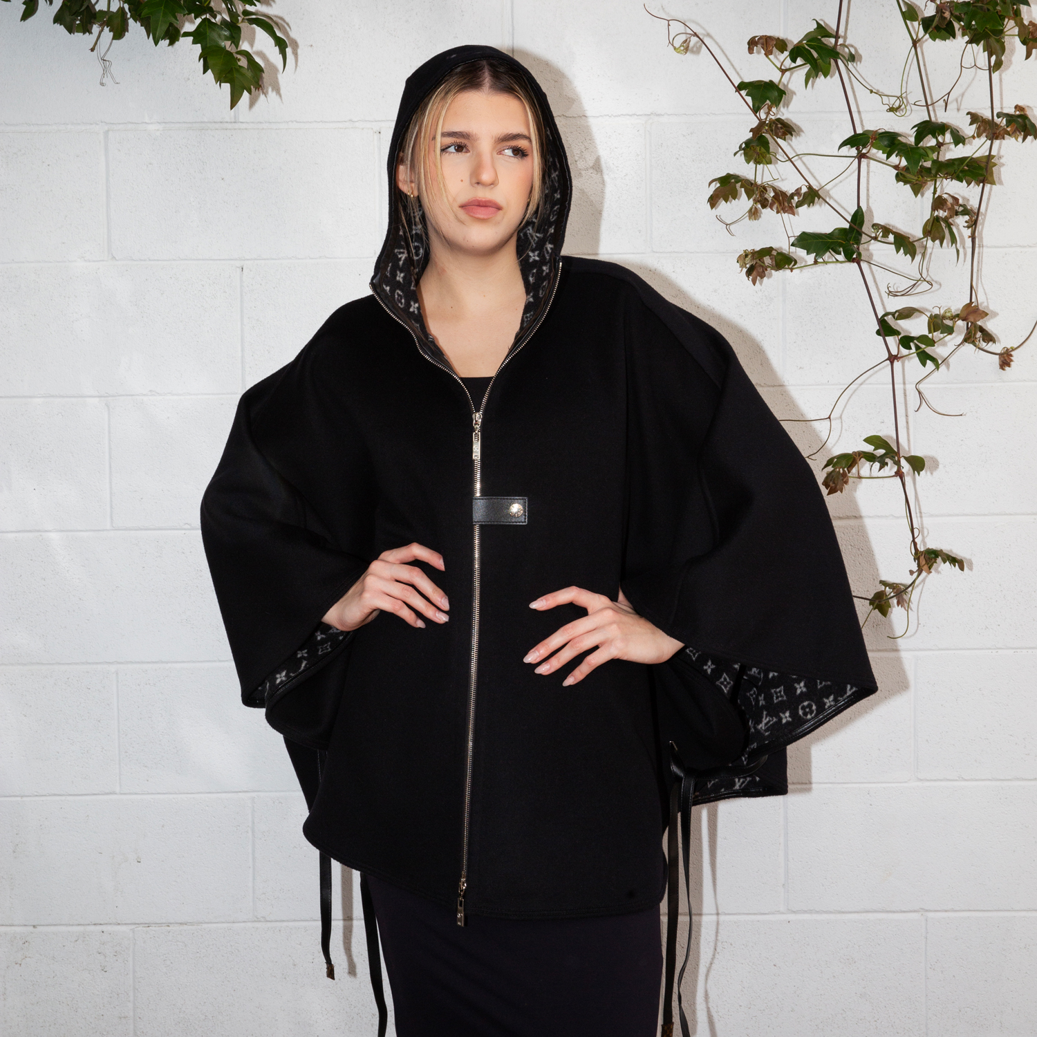 Louis Vuitton Black Woollen Cape with Hood Size 36