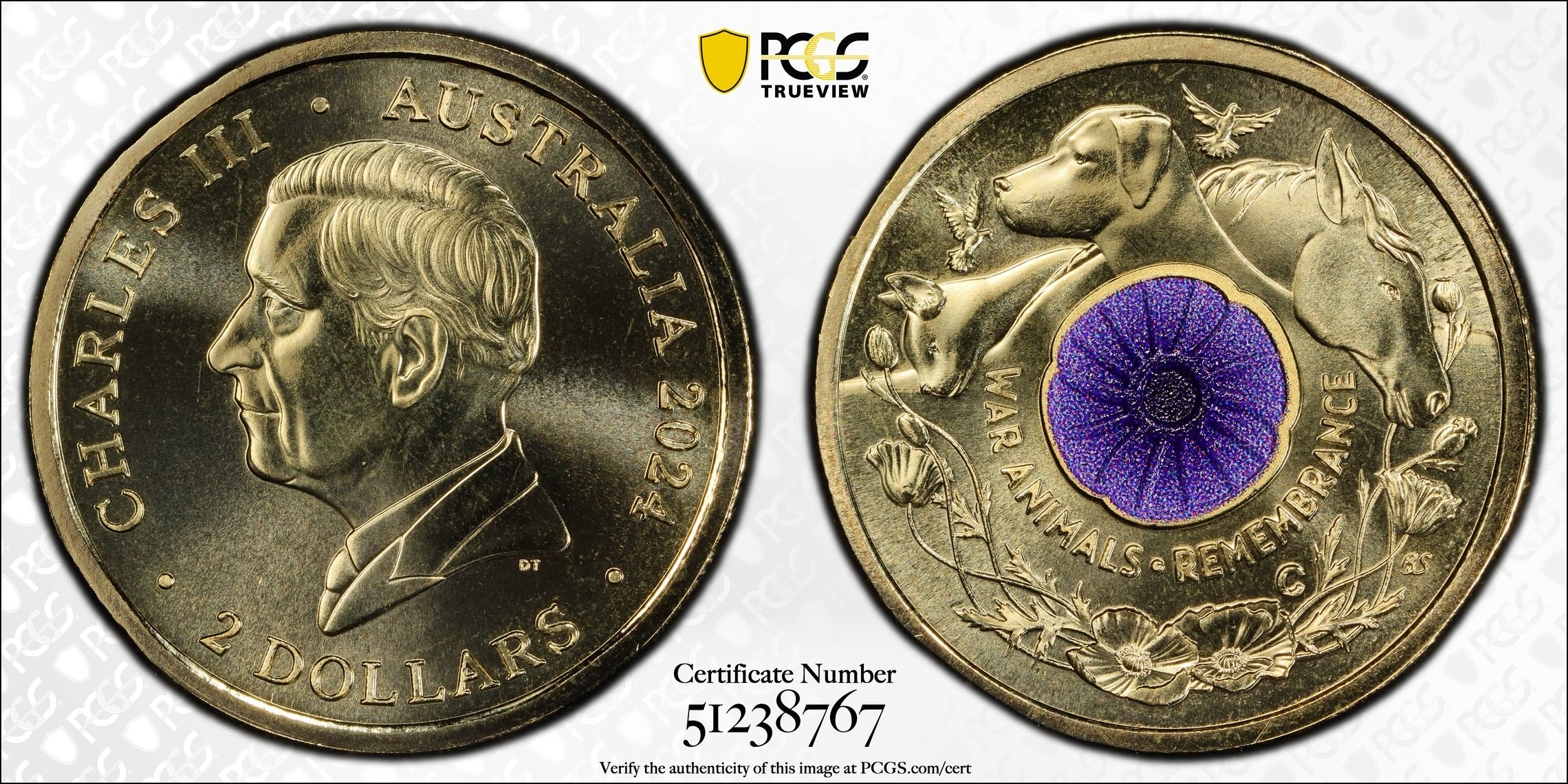 War Animal Remembrance Colourised, Two Dollar, 2024-C, PCGS MS69