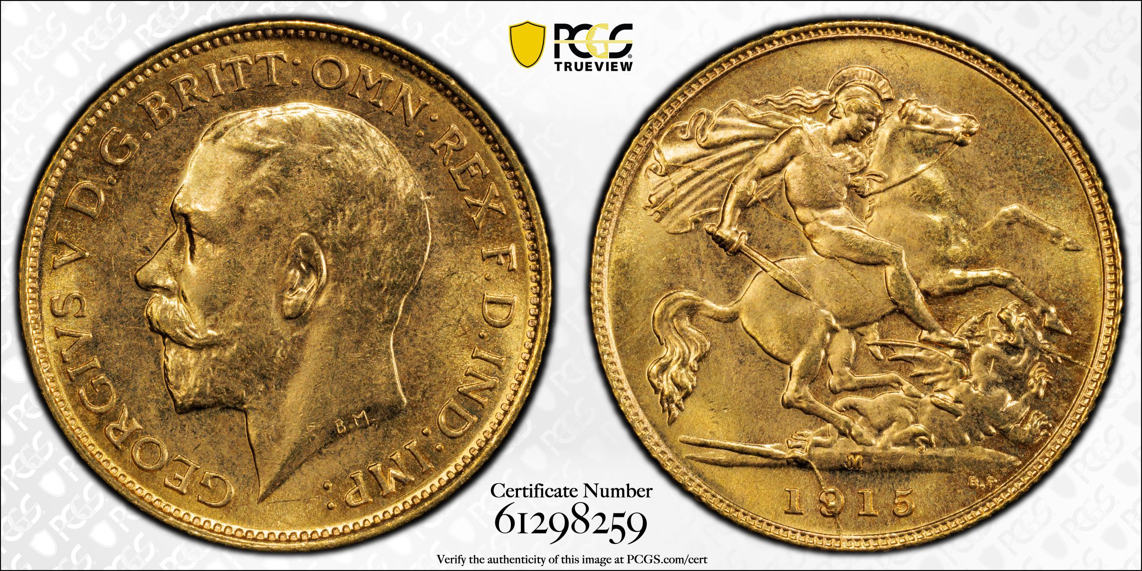 52 · George V, St George Reverse, Half Sovereign, 1915-M, PCGS MS63