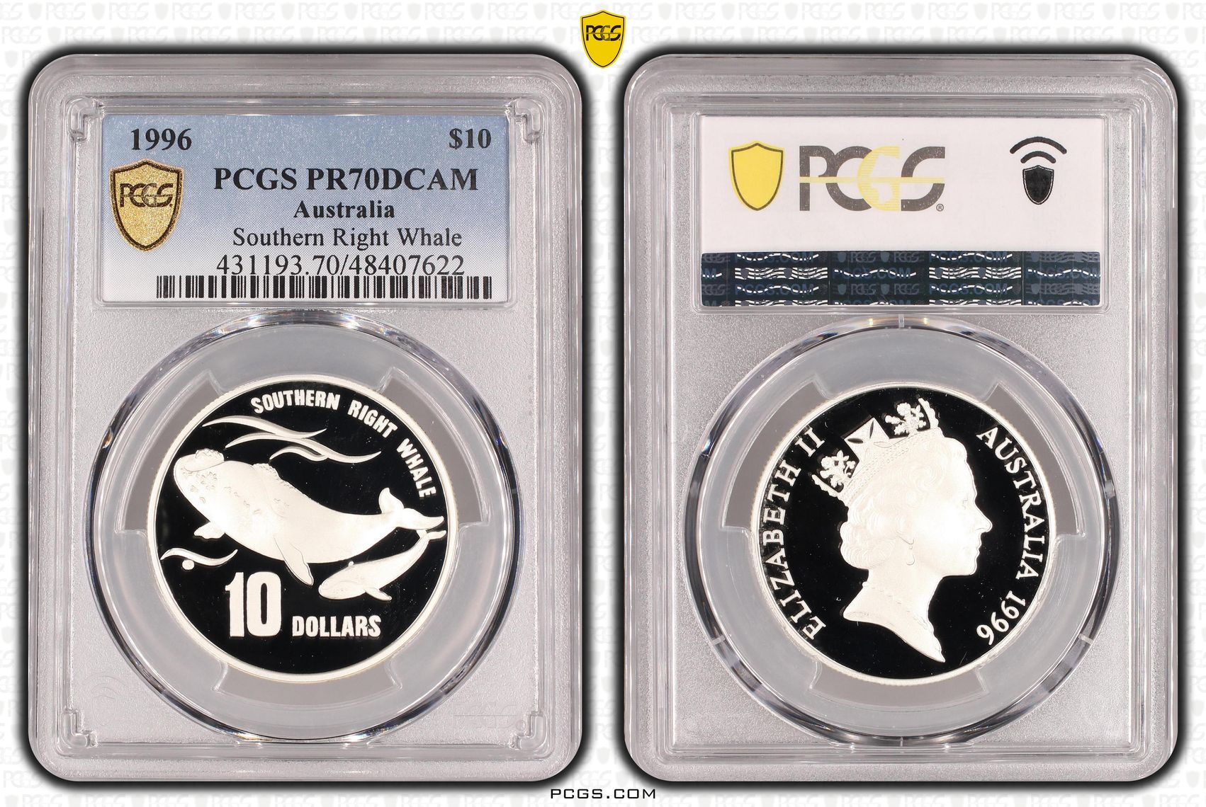 Elizabeth II, Southern Right Whale, Pop 10/0, Ten Dollar, 1996, PCGS PR70DCAM