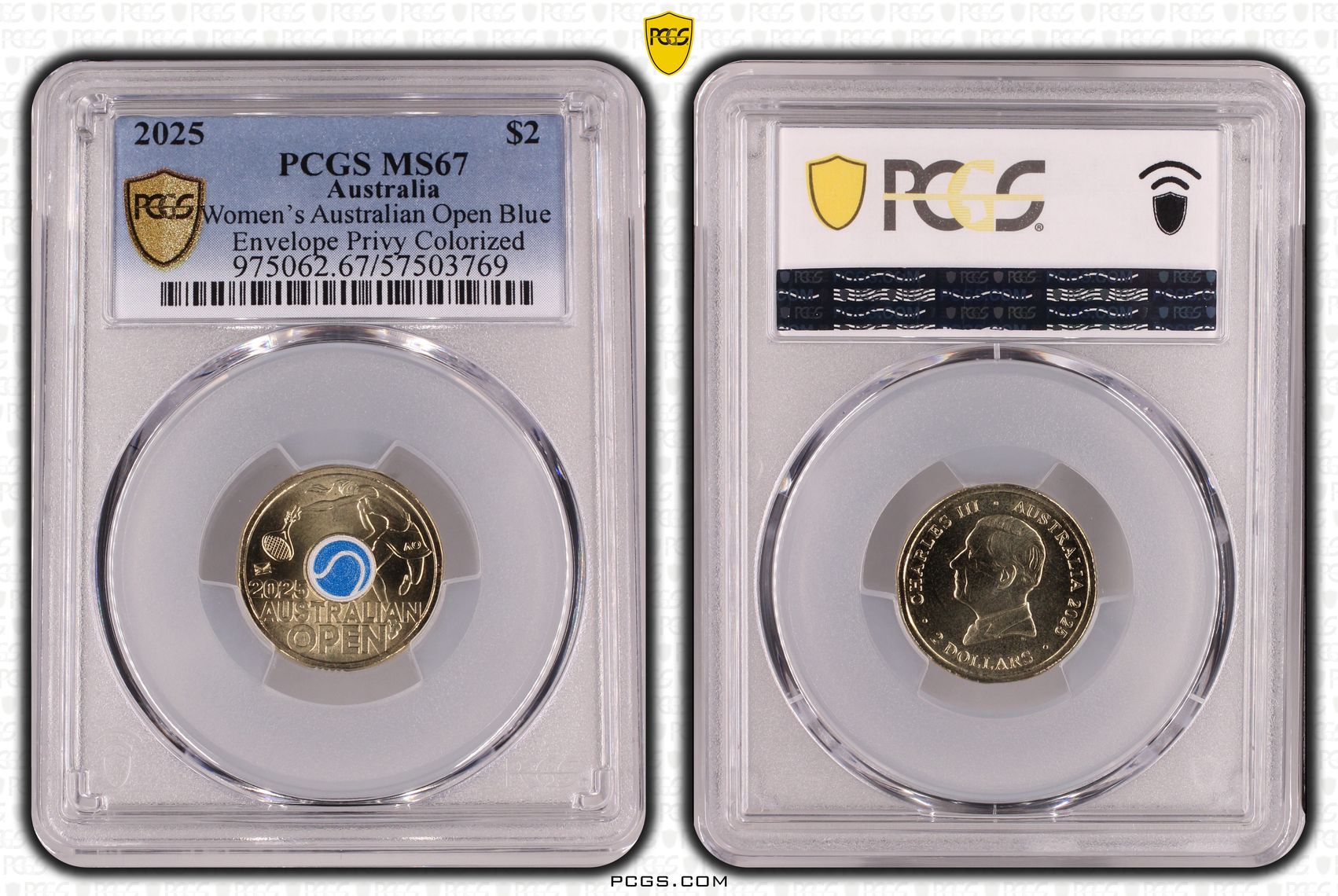 395 · Women's Australian Open Blue Envelope Privy Colourised, Two Dollar, 2025,  MS67