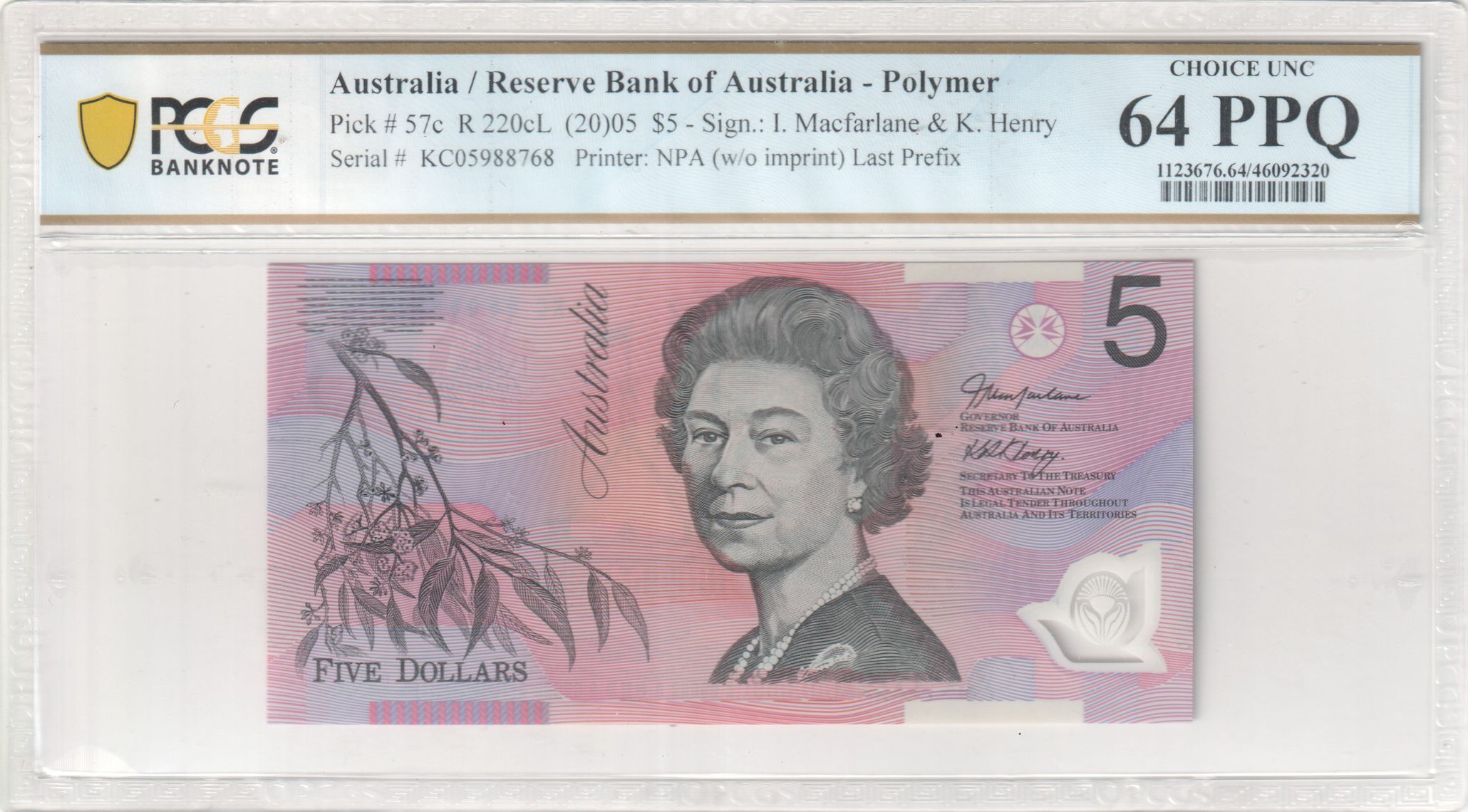 Macfarlane/ Henry, Last Prefix, Five Dollar, 2005, PCGS Choice UNC 64 PPQ