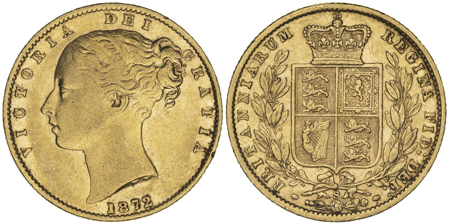 Victoria, Shield Reverse, Sovereign, 1872-S, gF