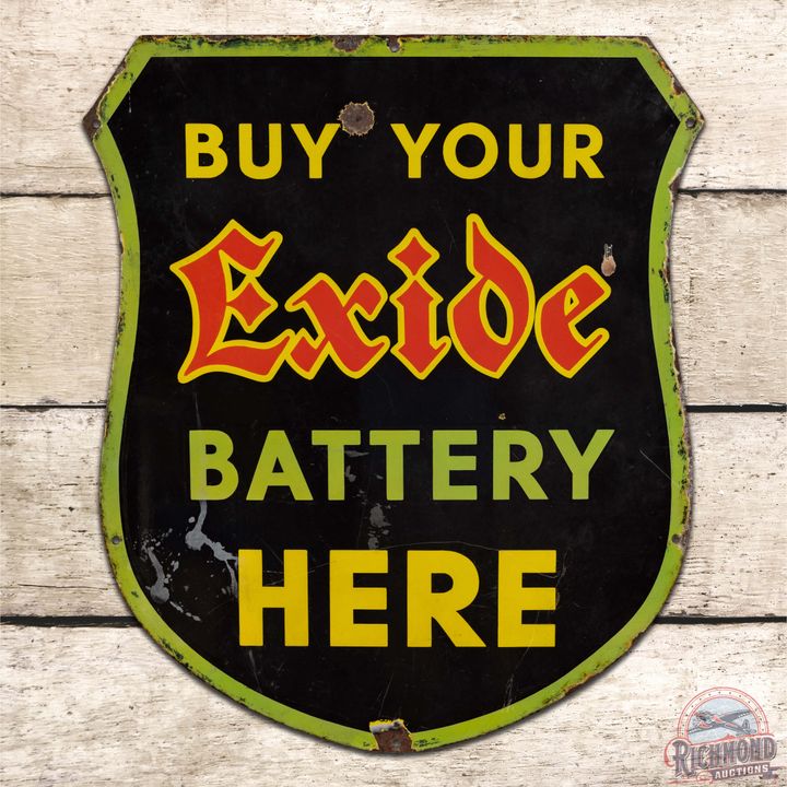 Rare Buy Your Exide Battery Here Die Cut Single Sided Porcelain Shield Sign