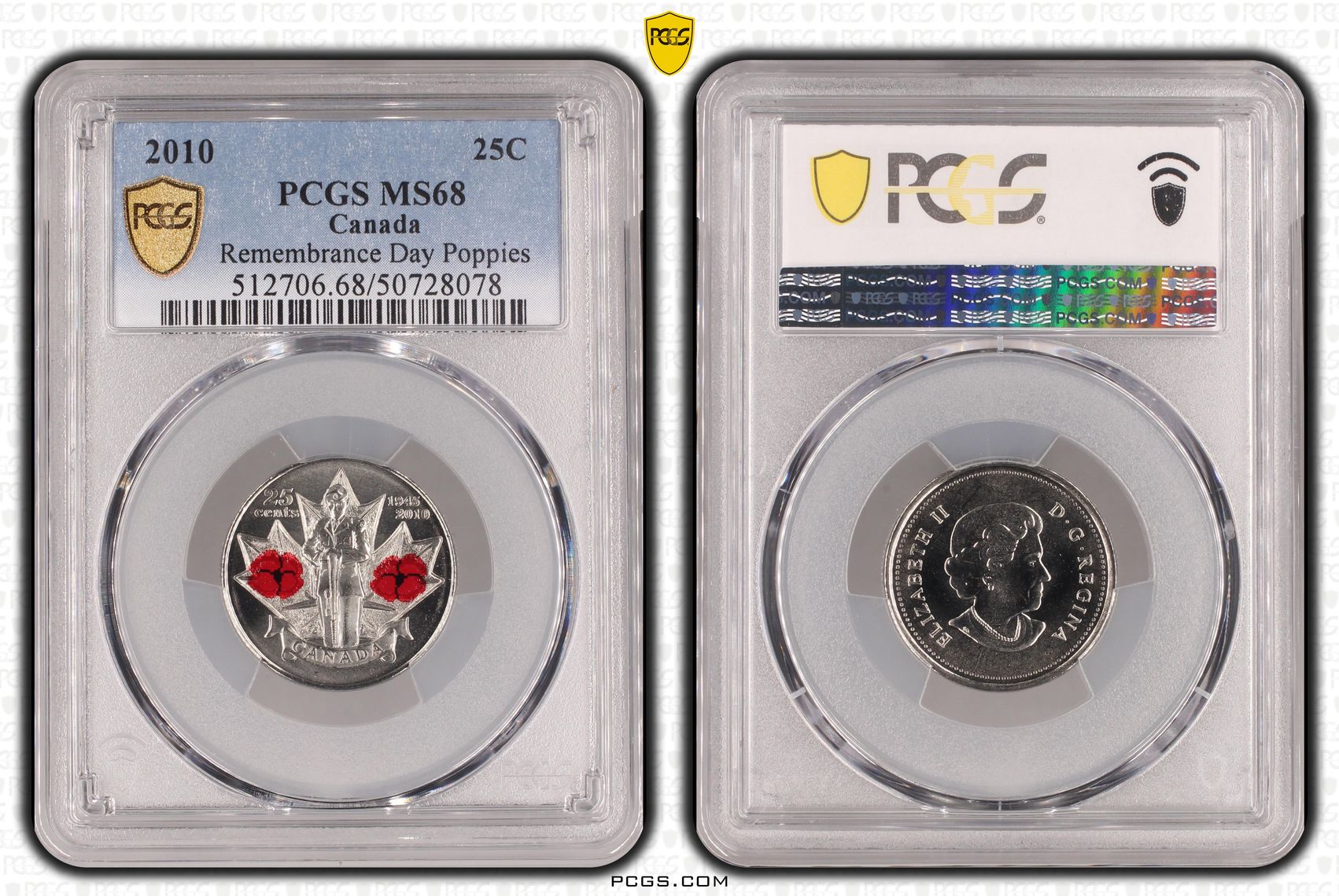 Canada, Remembrance Day Poppies, POP 19/0, Twenty Five Cent, 2010, PCGS MS68