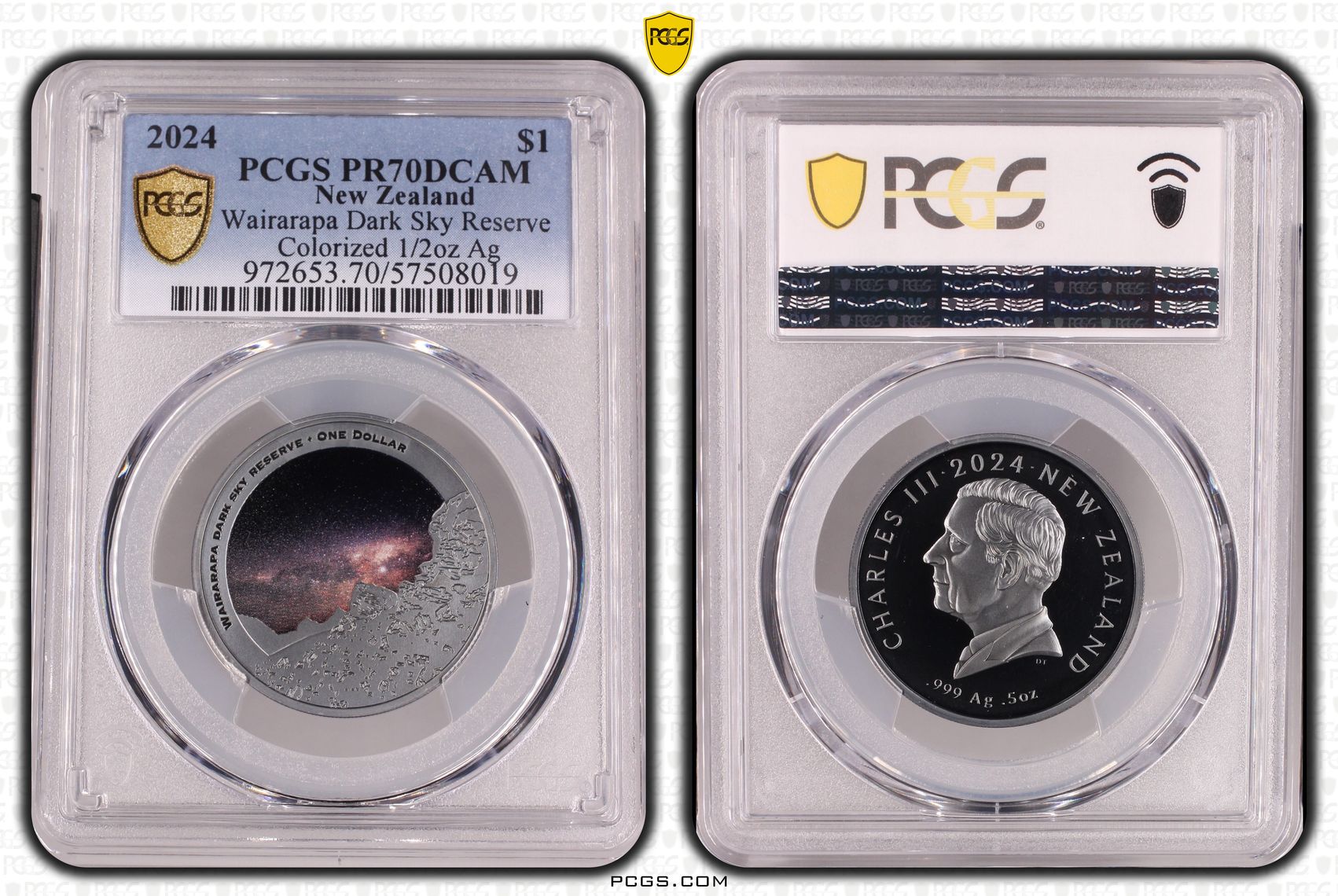 New Zealand , Charles III, Wairarapa Dark Sky Reserve Colourised 1/2oz Silver, 2/0, One Dollar, 2024, PCGS PR70DCAM