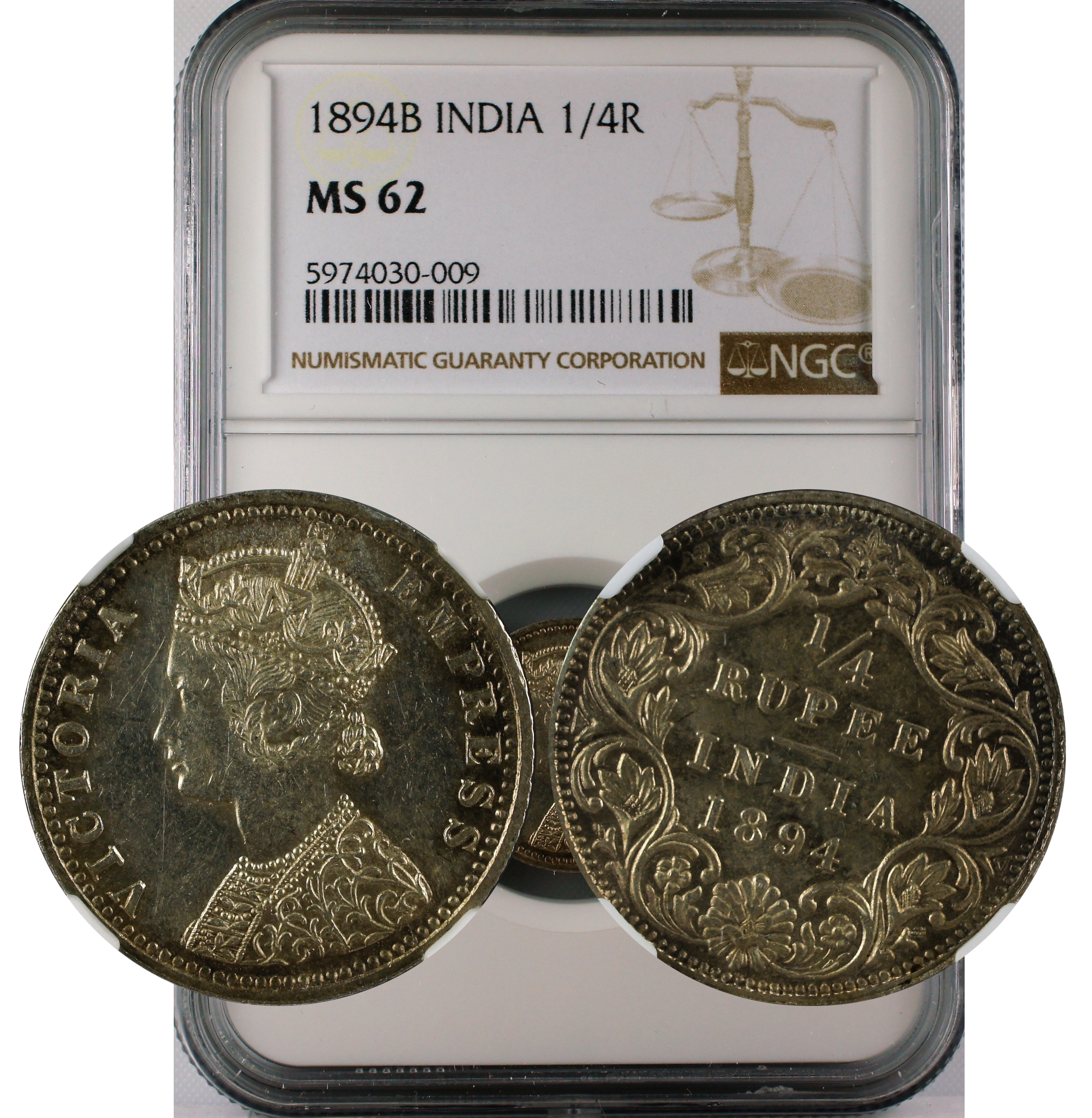 1894 B INDIA 1/4 RUPEE MS62